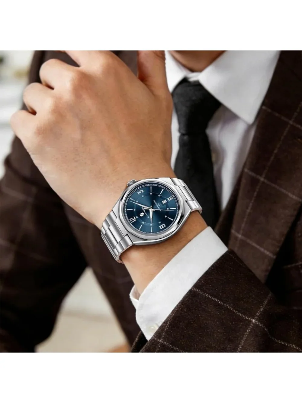 Men's Silver/Blue Numeral Dial Stainless Steel Strap Analog Quartz Wrist Watch